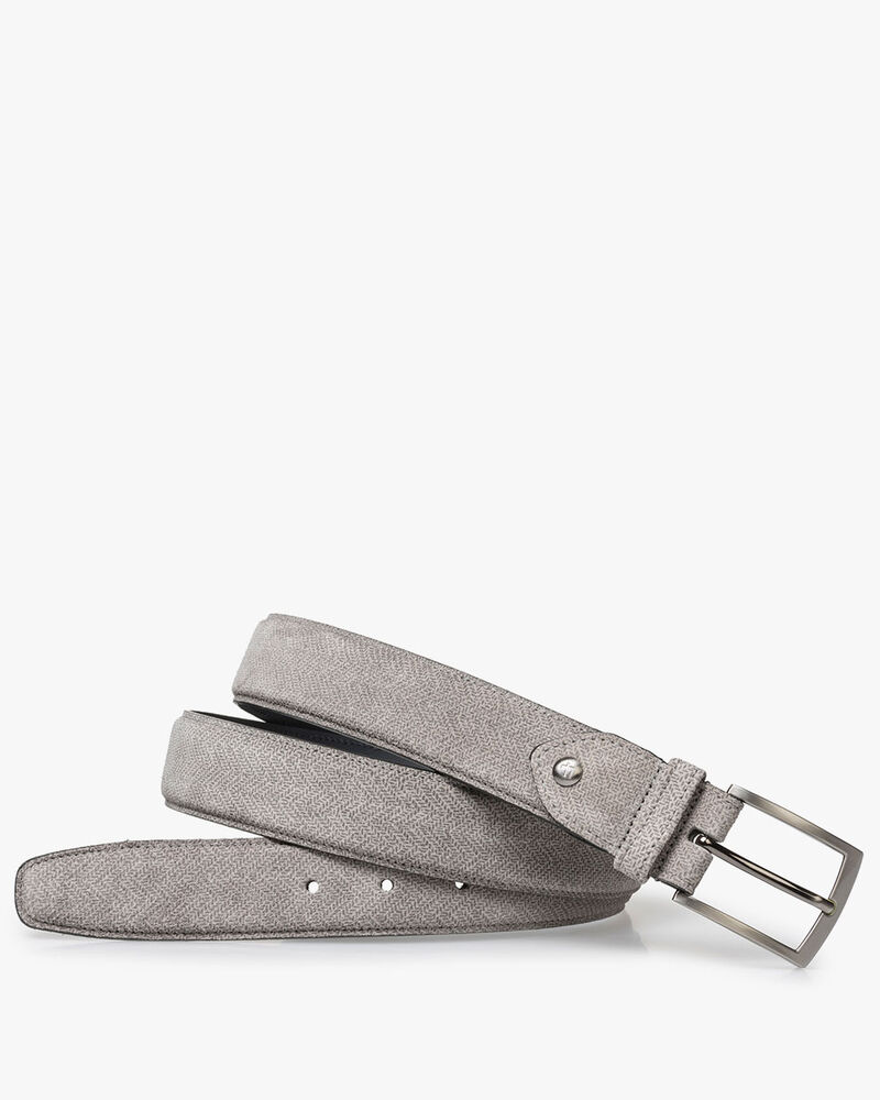 Light grey suede leather belt with print
