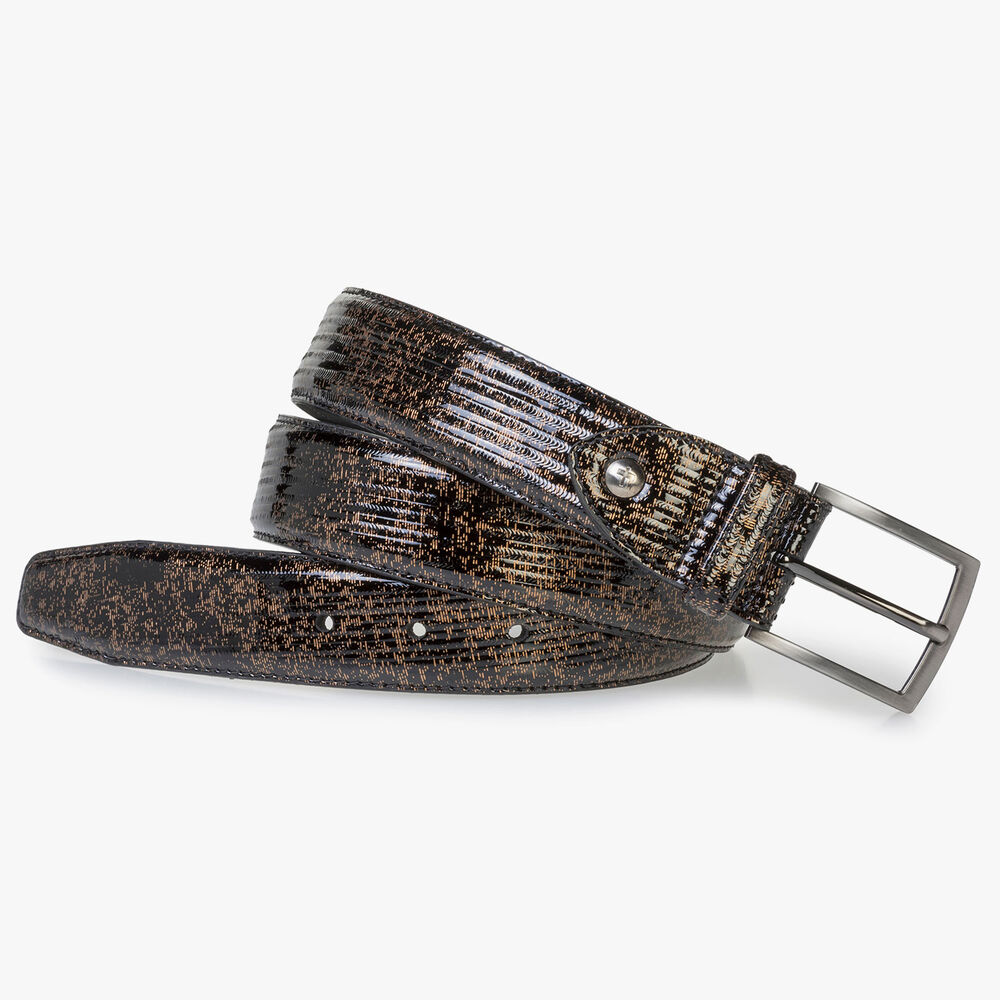 Brown patent leather belt with metallic print