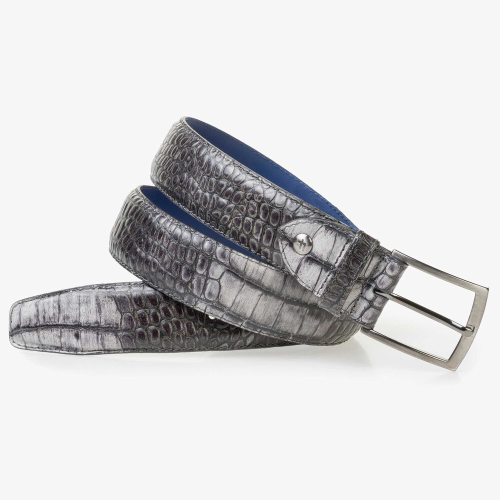 Grey calf leather belt with a croco print