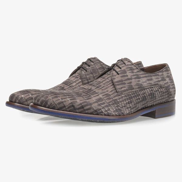 Grey nubuck leather lace shoe with croco print