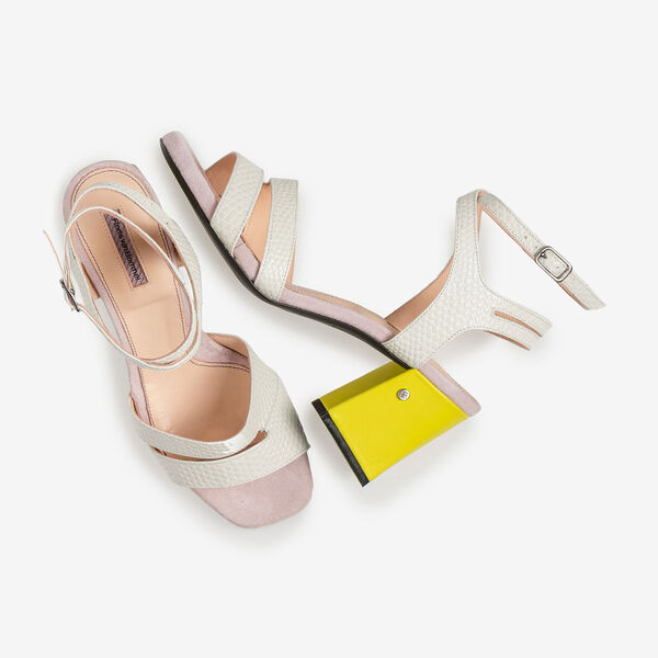 Off-white high-heeled sandals with pink and yellow details