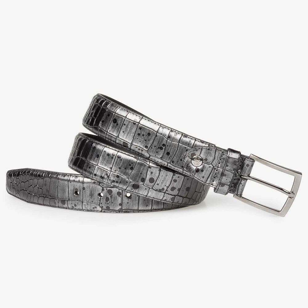 Grey leather belt with croco print