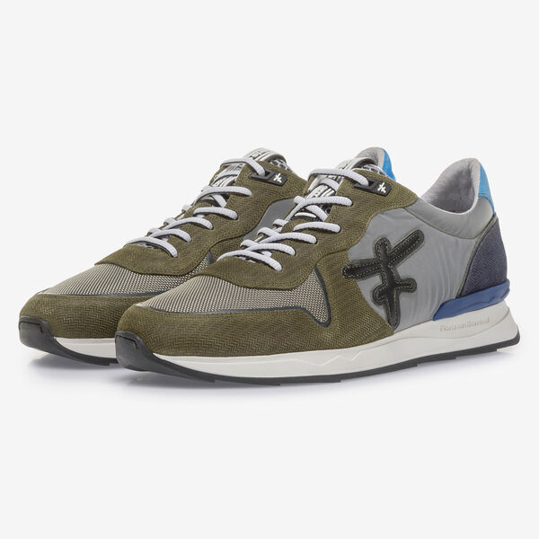 Olive green suede leather sneaker with print