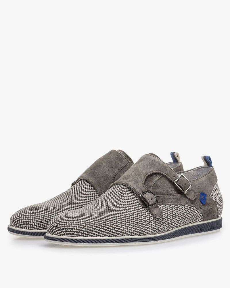 Grey suede leather monk strap with print