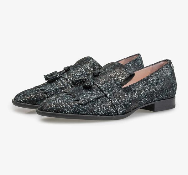Black and blue leather loafer with check pattern