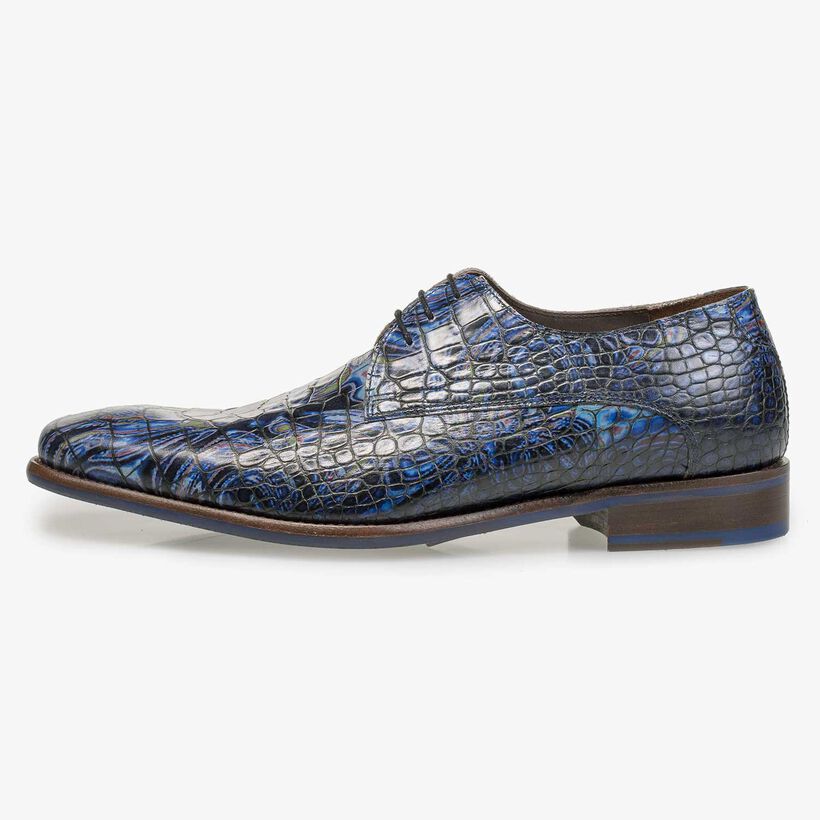 Blauer Premium Leder Schnürschuh mit Krokoprint
