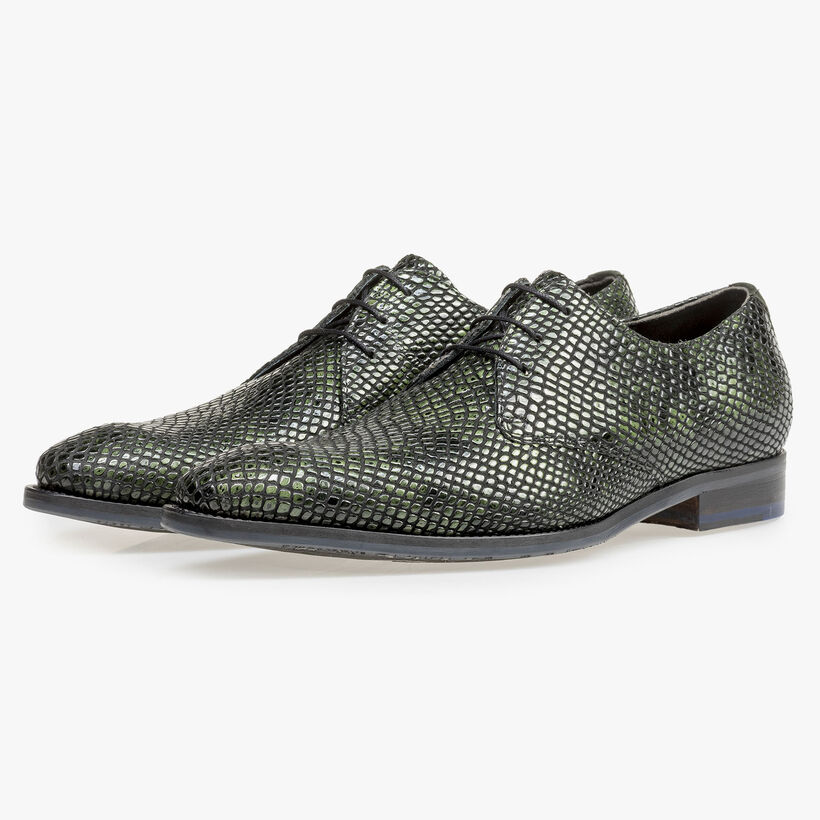 Green printed patent leather lace shoe