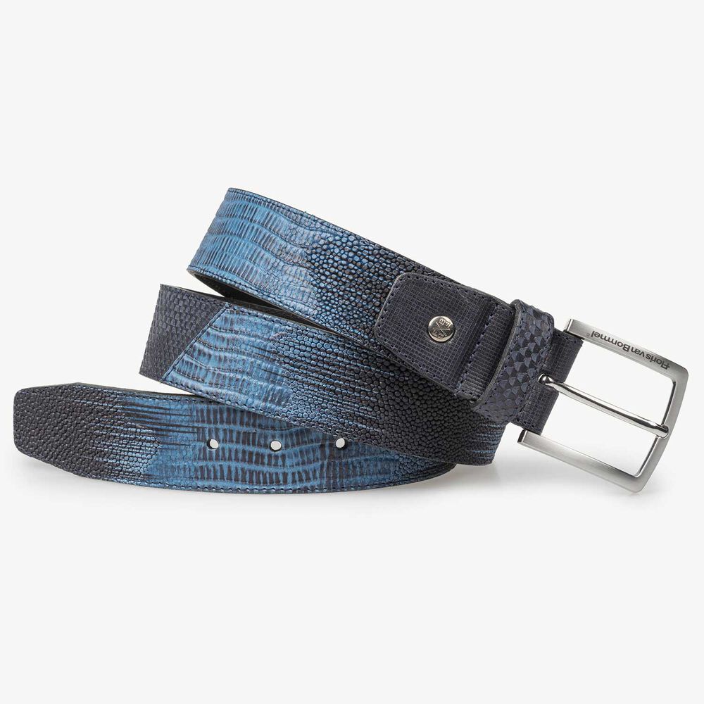 Blue leather belt with structural pattern