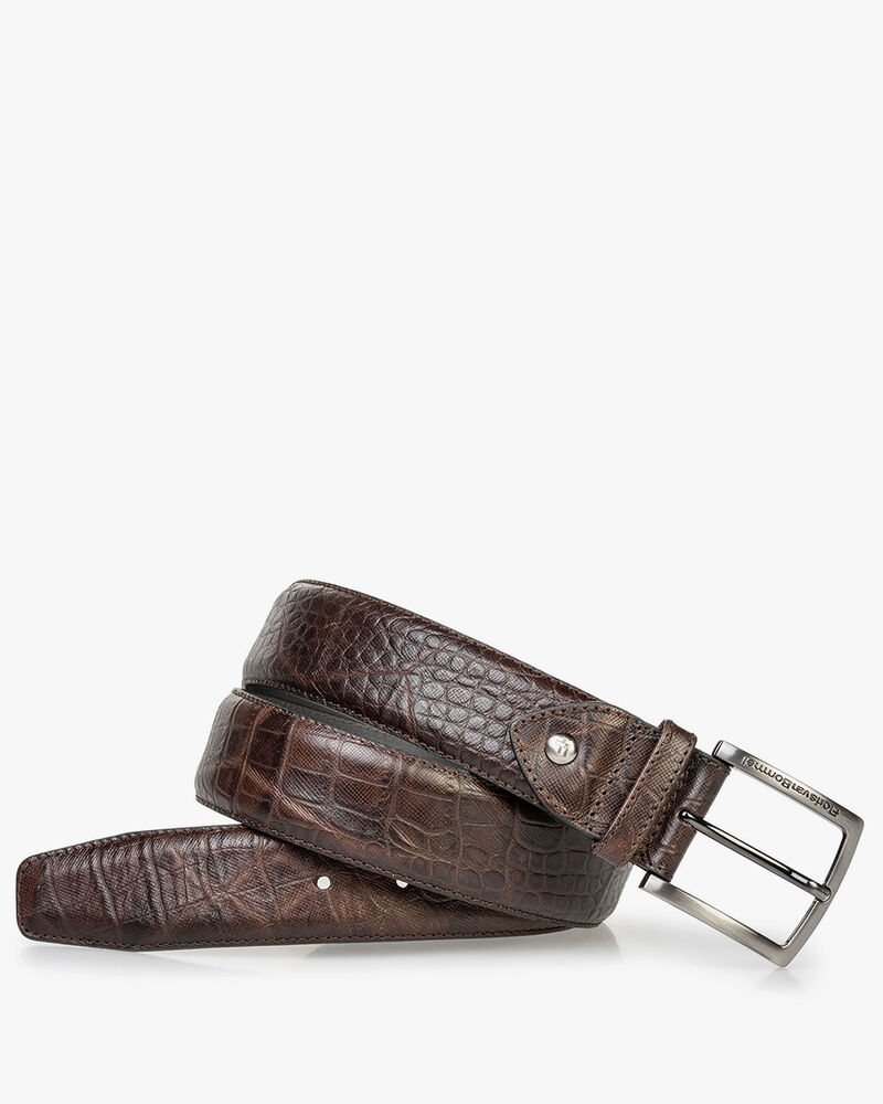 Leather belt croco print brown