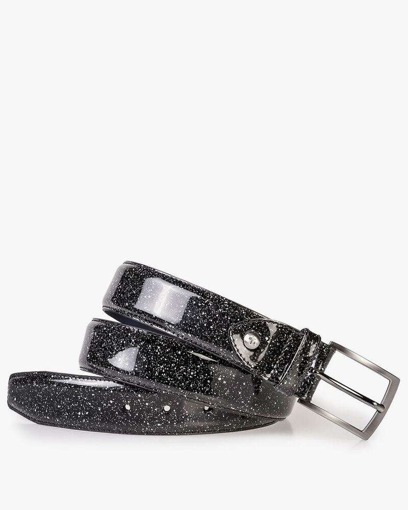 Black patent leather belt with a print