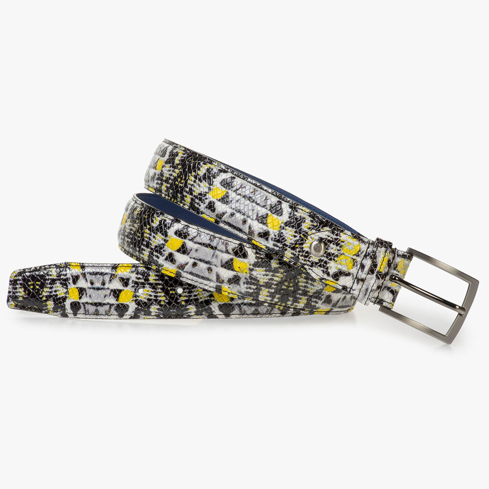 Black and grey patent leather belt with yellow details