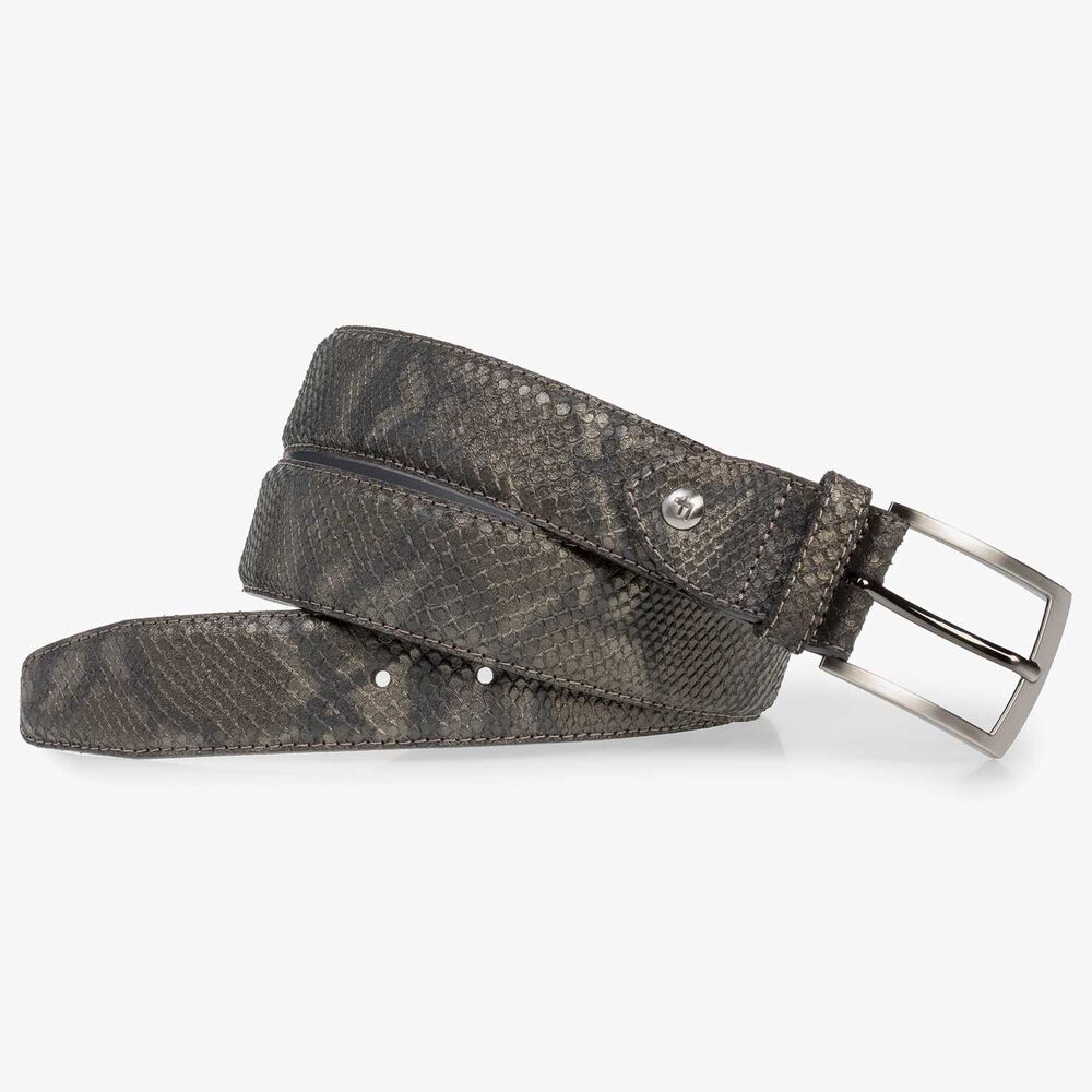 Leather belt with olive green snake print