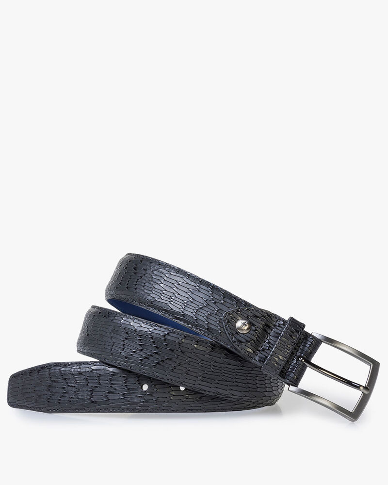 Black patent leather belt with print