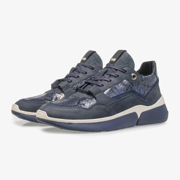 Blue suede leather sneaker with snake print