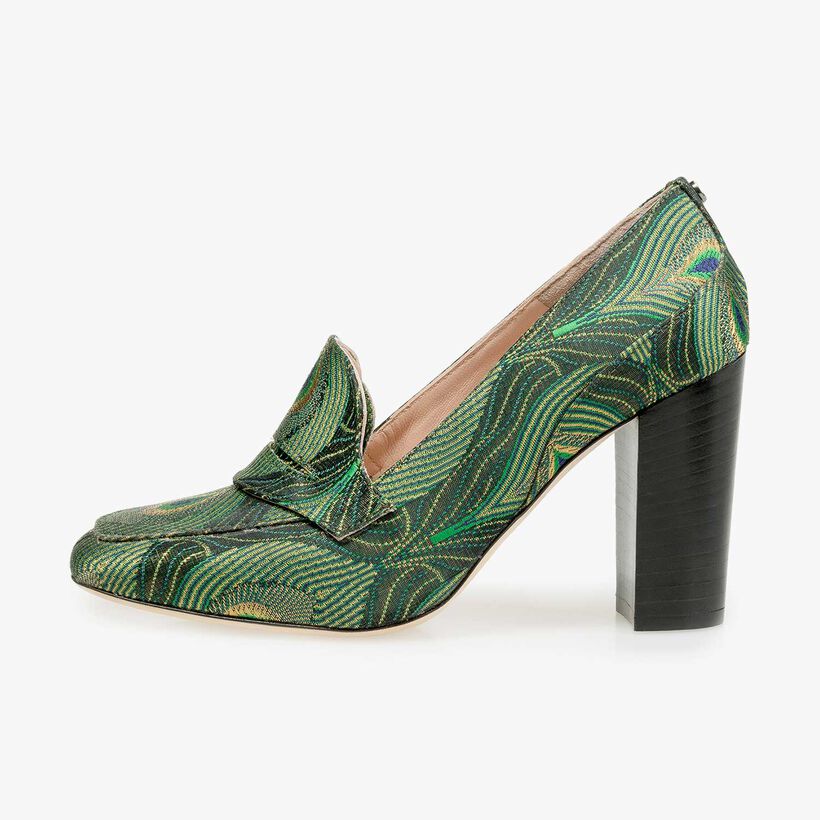 High heels with green peacock print