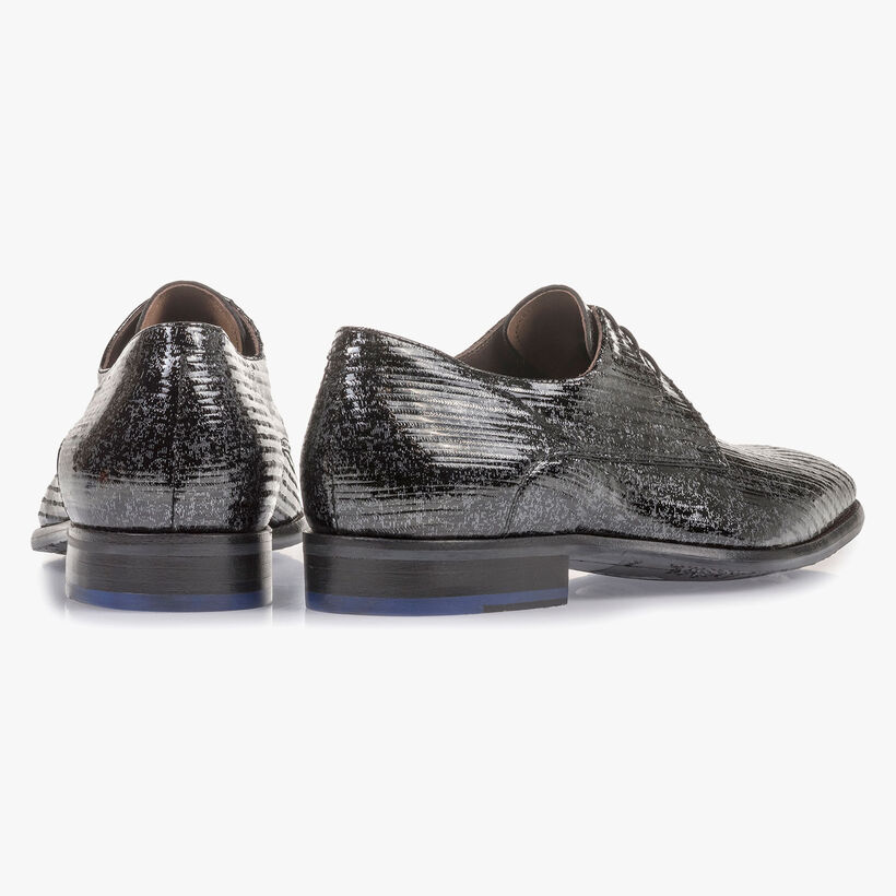 Black patent leather lace shoe with metallic print