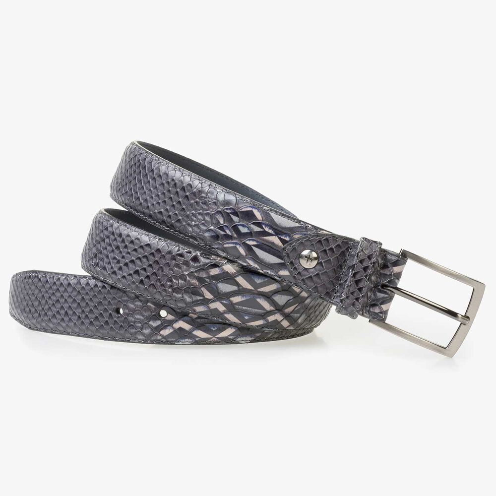 Grey calf leather belt with a pattern