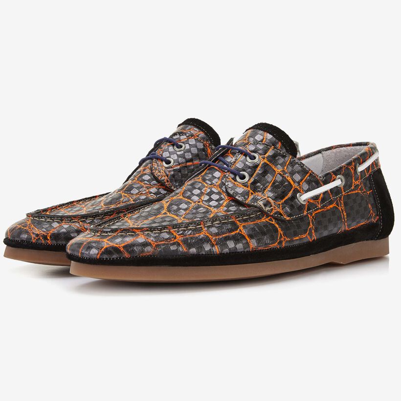 Floris van Bommel black leather men's boating shoe with crocodile print