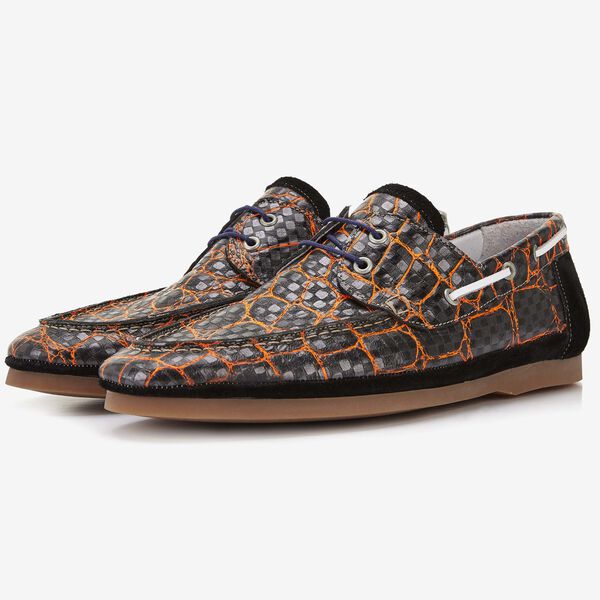 Floris van Bommel black leather men's boating shoe with crocodile print