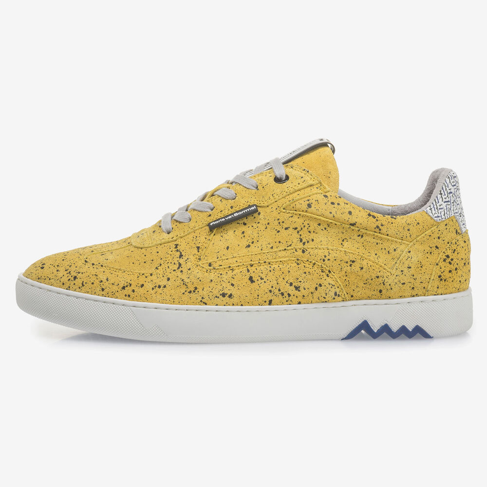 Yellow suede leather sneaker with black print