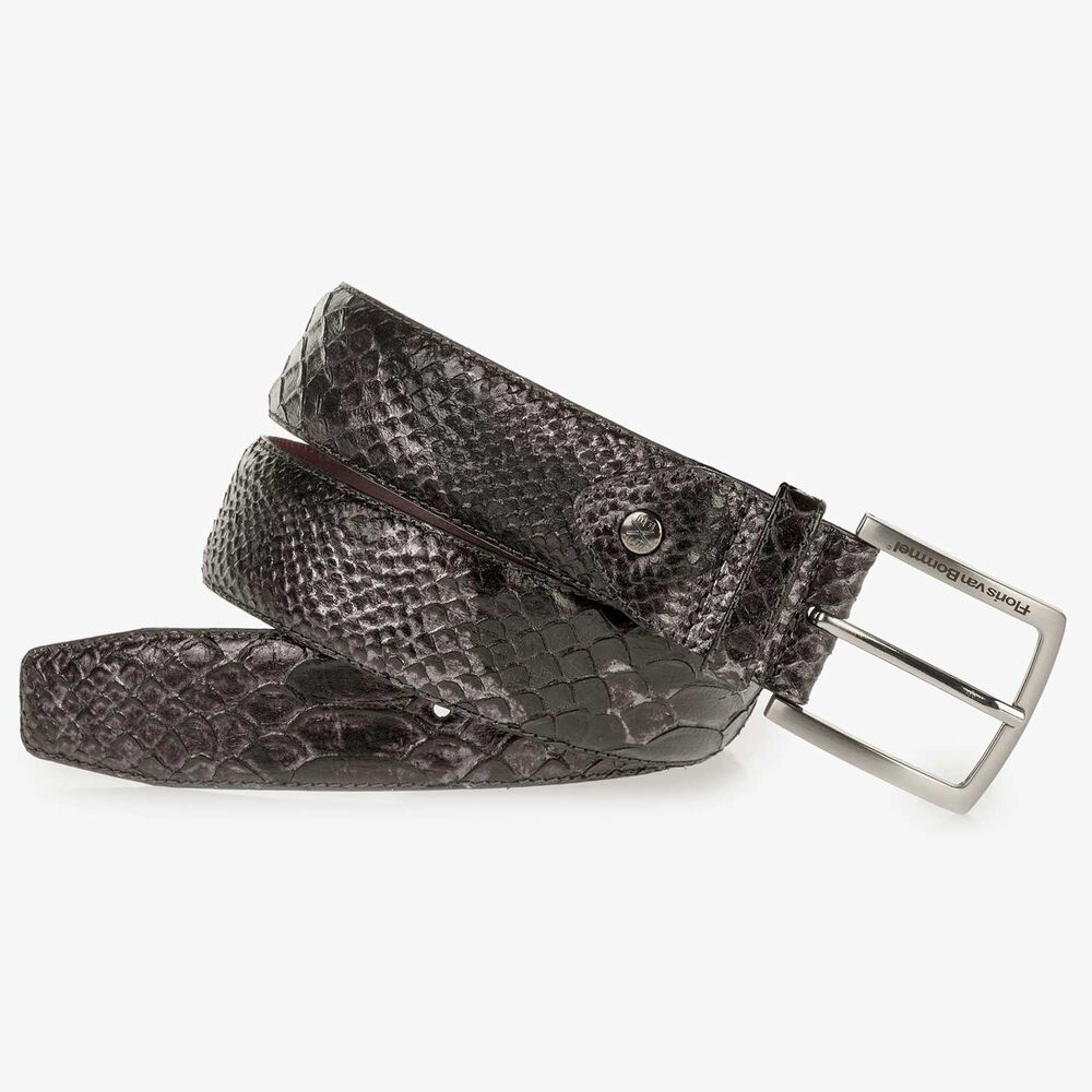 Grey calf leather snake print belt