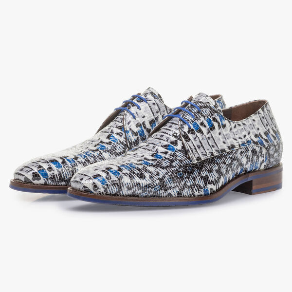 Blue patent leather lace shoe with snake print