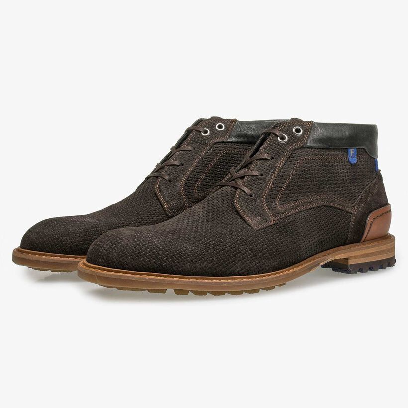 Brown suede leather lace boot with structural pattern