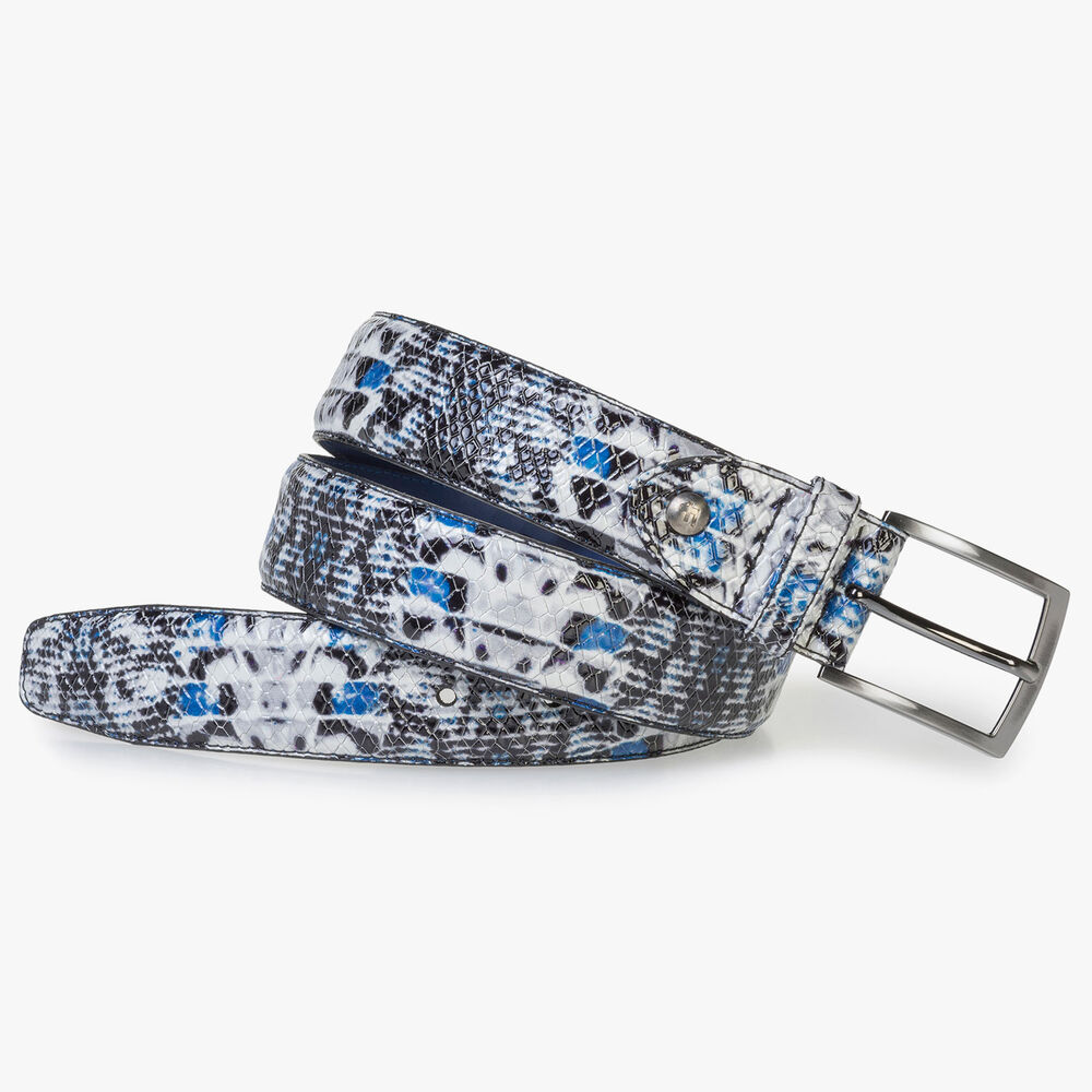Blue patent leather belt with snake print