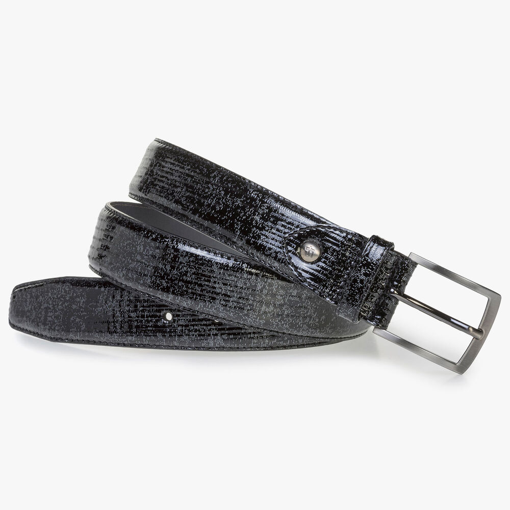 Black patent leather belt with metallic print