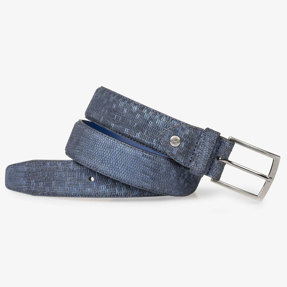 Blue suede leather belt with structural pattern