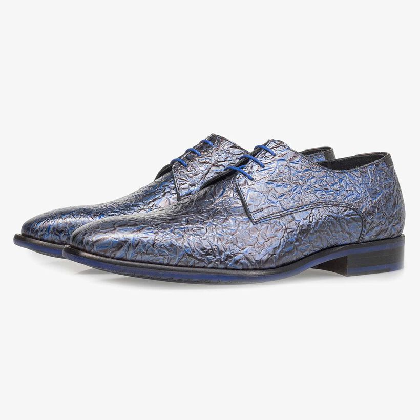 Premium dark blue printed patent leather lace shoe