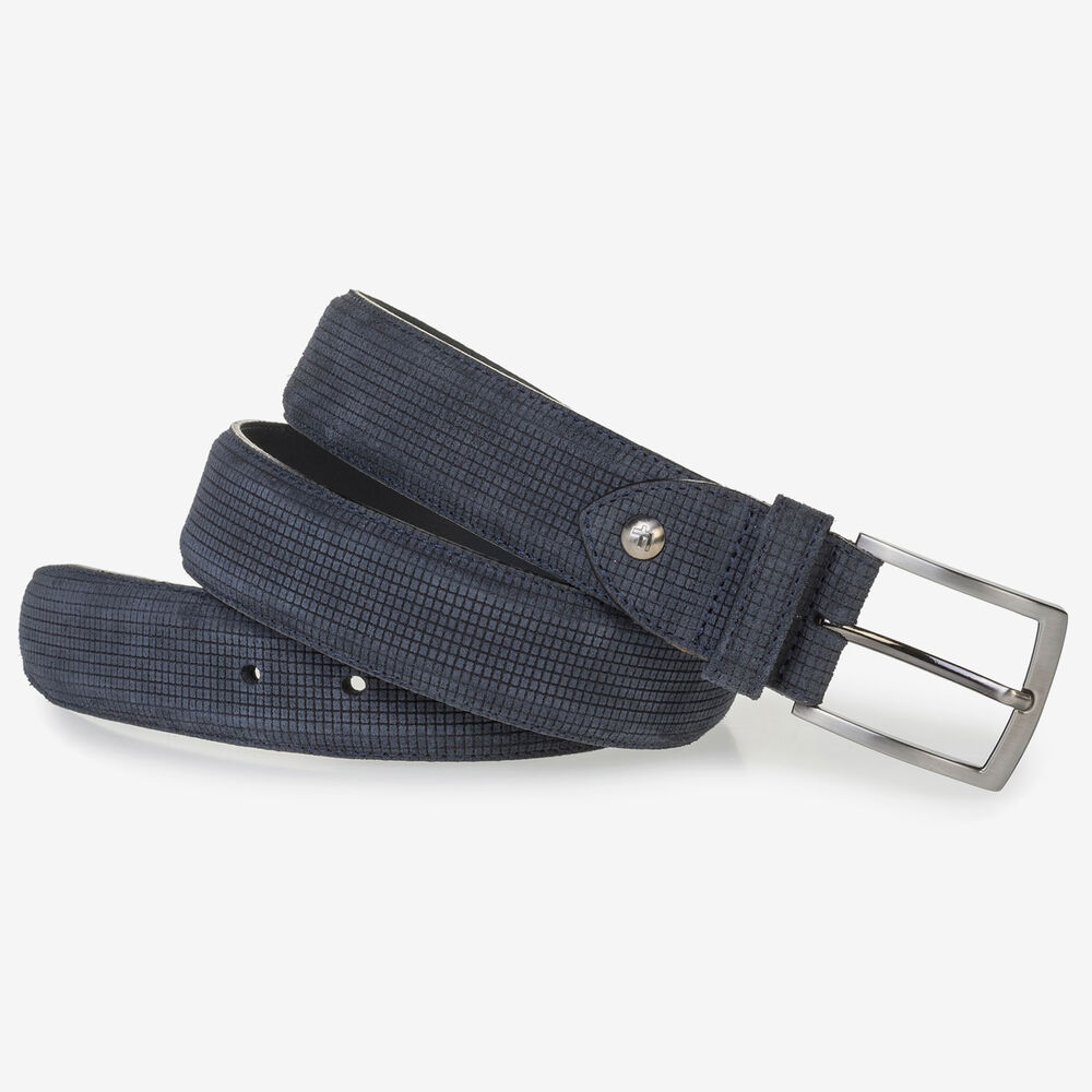 Dark blue suede leather belt with a print
