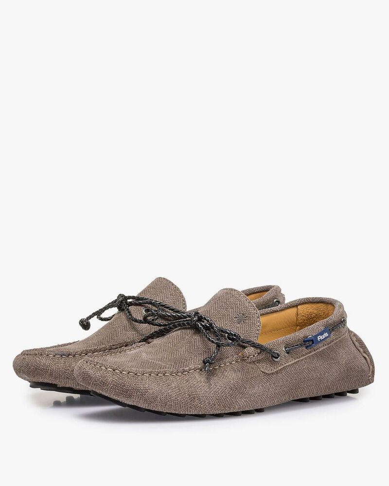 Sand-coloured suede leather moccasin with print