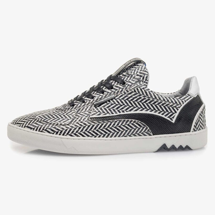 Black & white leather sneaker with a herringbone pattern