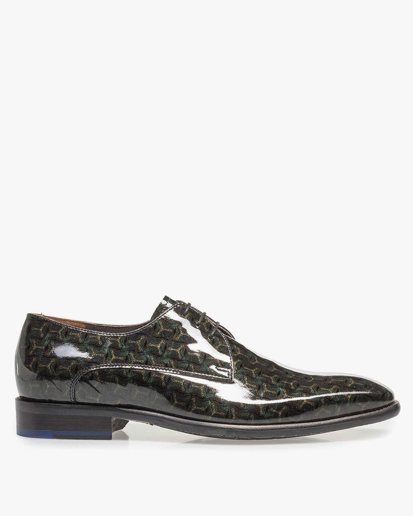 Green patent leather lace shoe with print