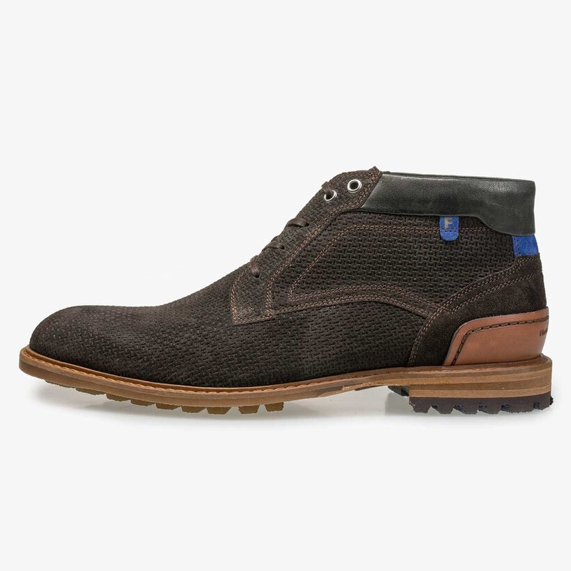 Brown suede leather lace boot with structural pattern