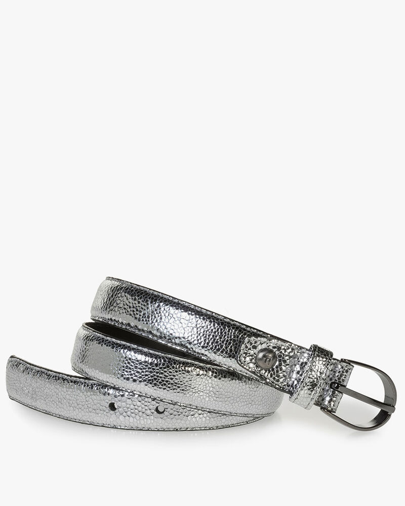 Silver leather belt with metallic print