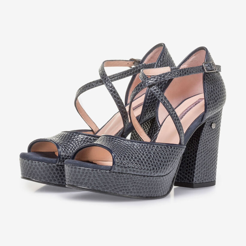 Dark blue high-heeled leather sandals with print