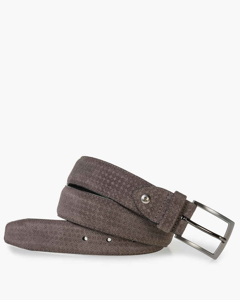 Taupe-coloured suede leather belt with print