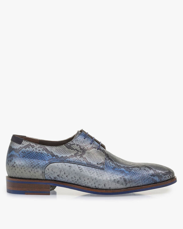 Grey patent leather lace shoe with snake print