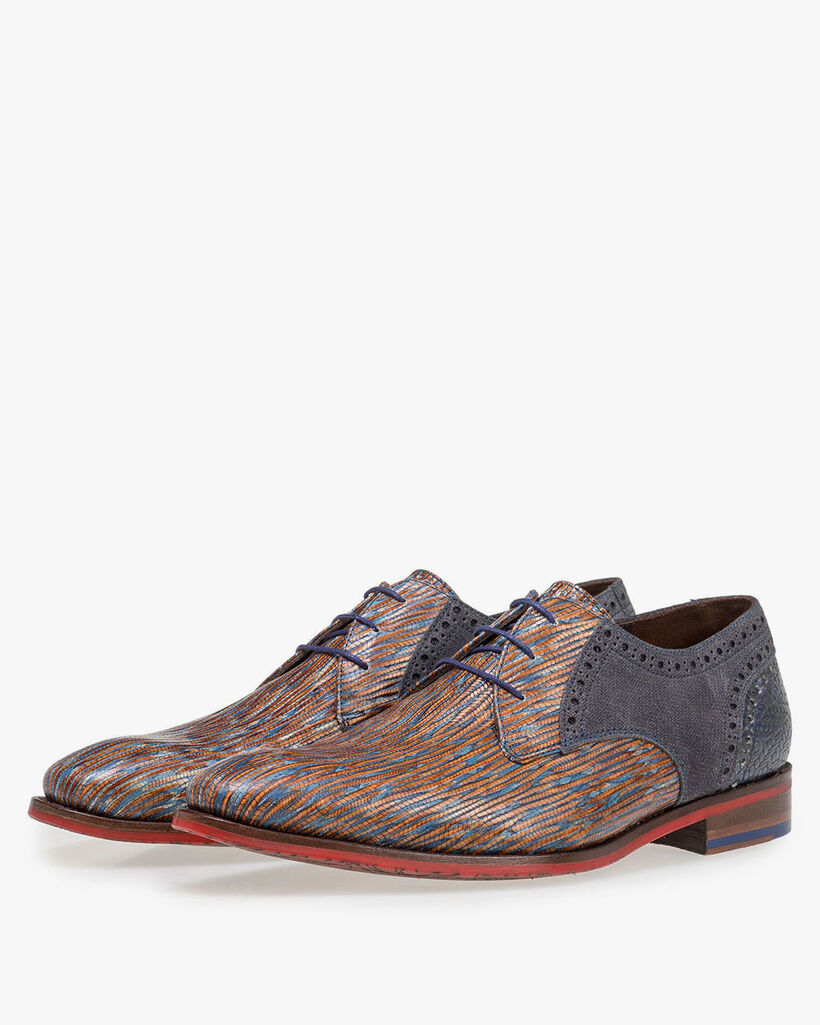 Blue and red lace shoe with lizard print