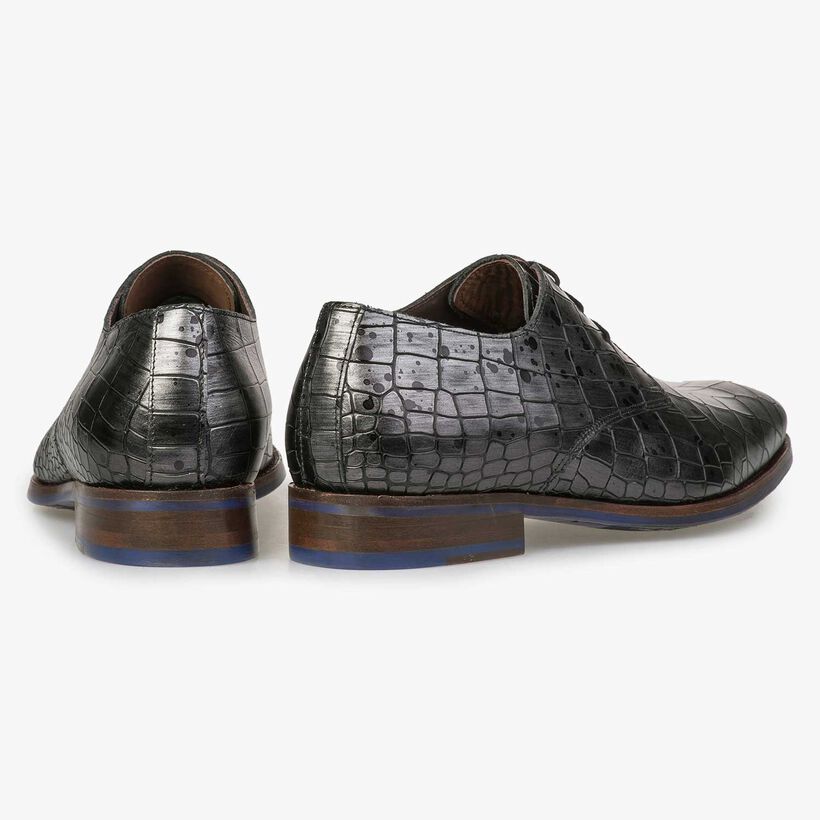 Grey leather lace shoe with croco print