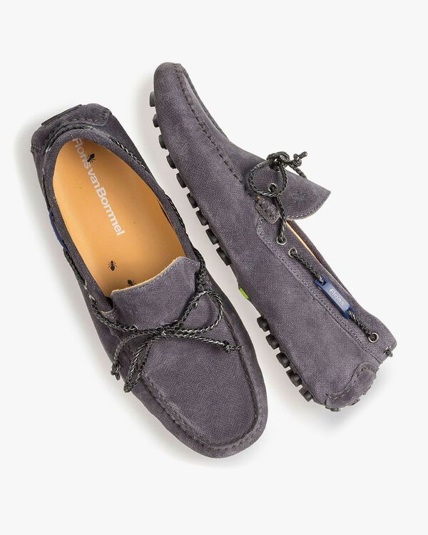 Dark grey suede leather moccasin with print
