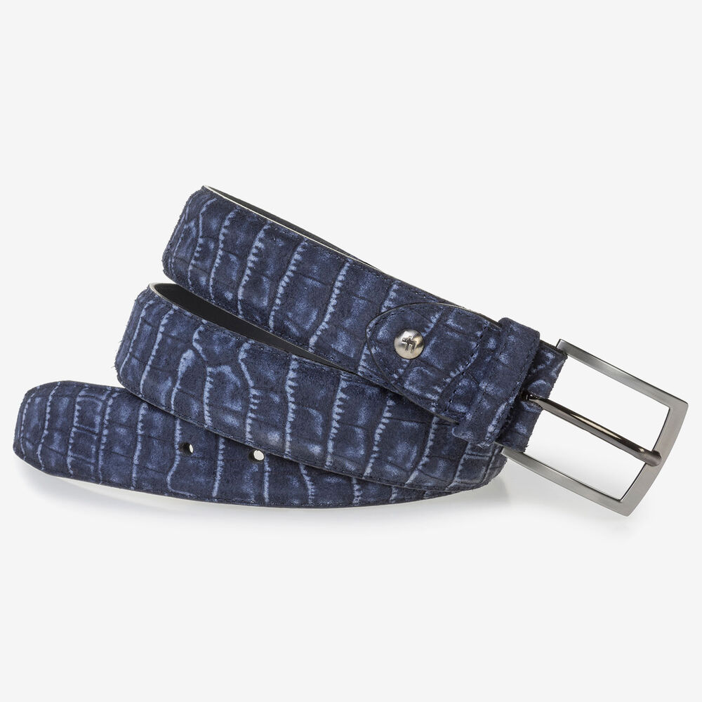 Blue suede leather belt with croco print