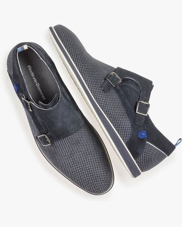 Dark blue suede leather monk strap with print