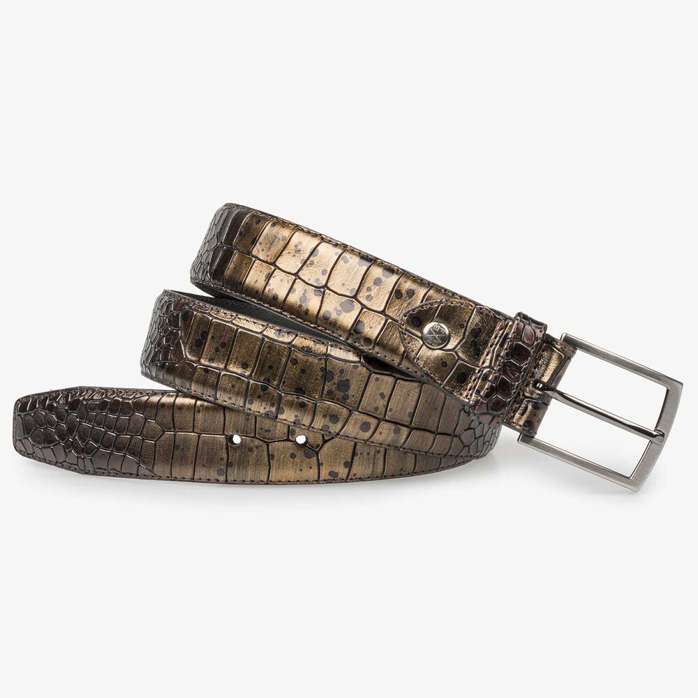 Bronze-coloured leather belt with croco print