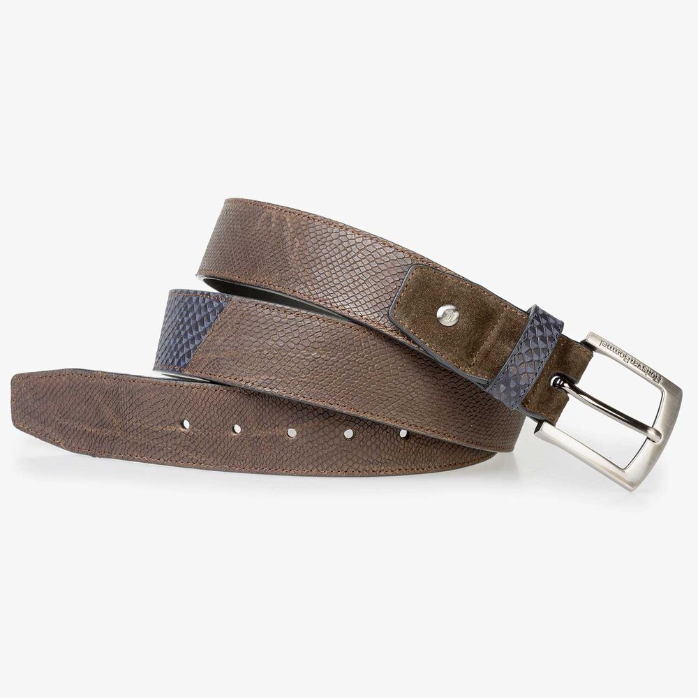 Brown nubuck leather belt with structural pattern