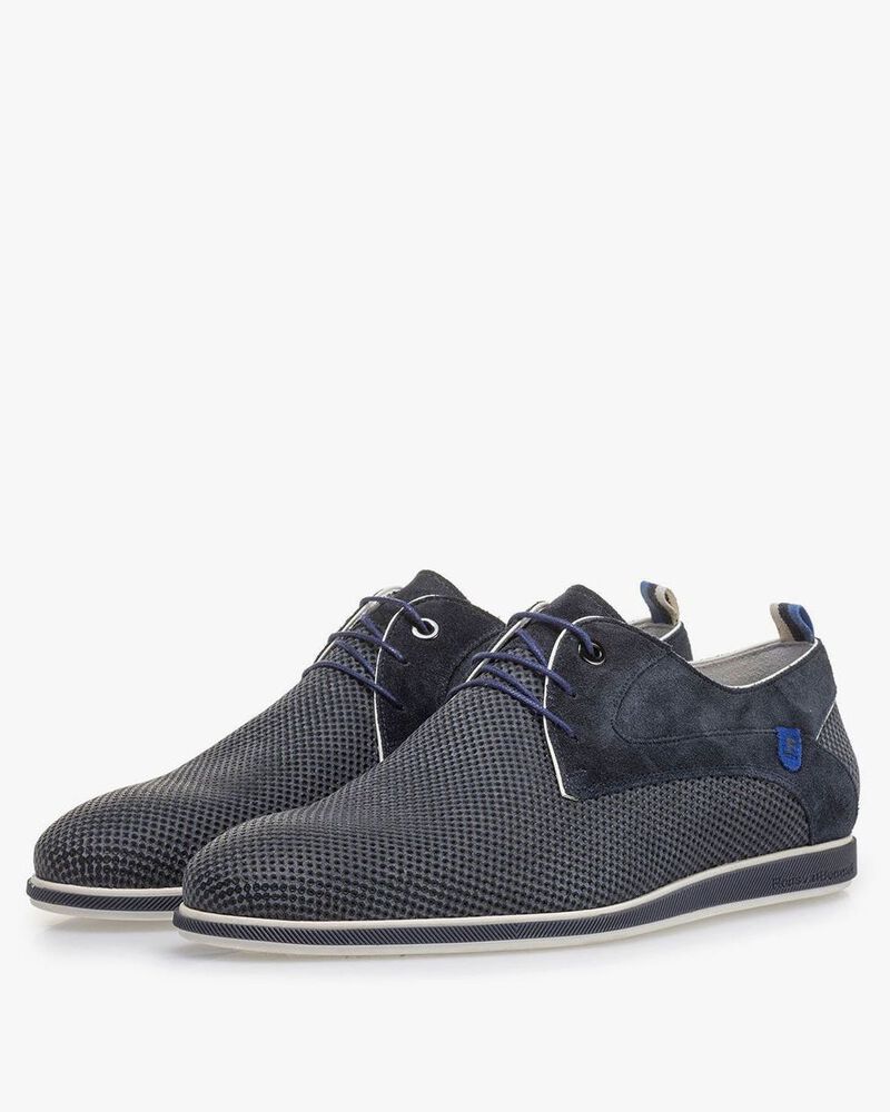 Blue suede leather lace shoe with print