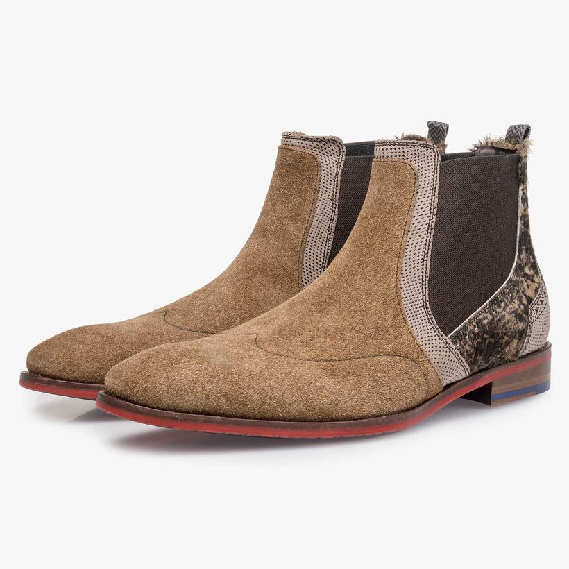 Brown suede leather Chelsea boot with pony hair