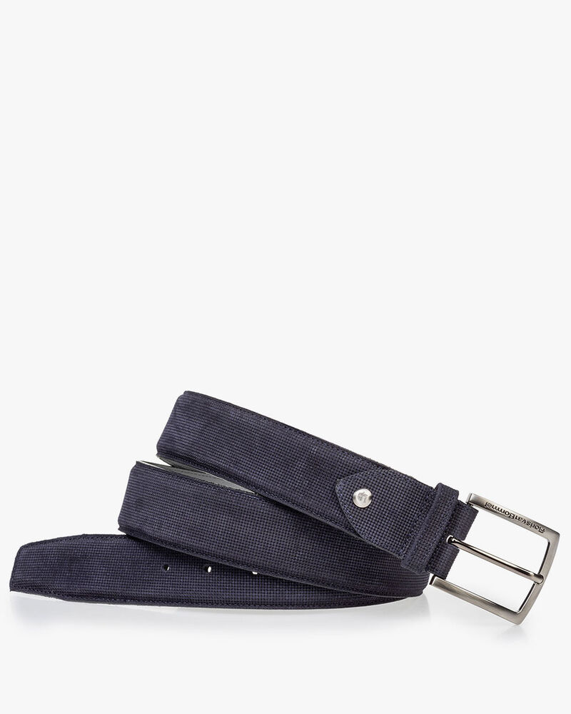 Suede leather belt blue with print